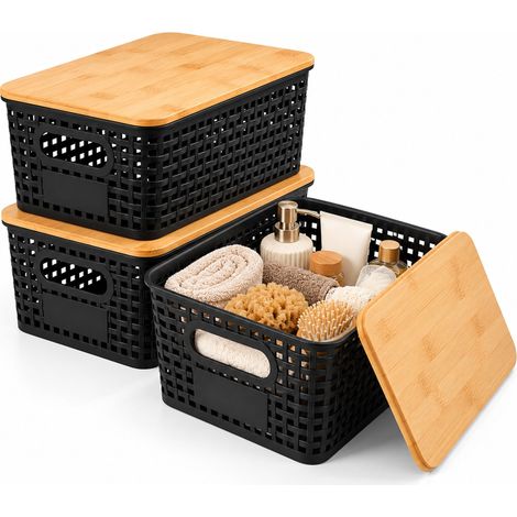 Relaxdays Aufbewahrungsbox, 3er Set, mit Deckel, Kunststoff & Bambus, Griffe, HBT: 11x25,5x18,5 cm, Organizer, schwarz (1/5)