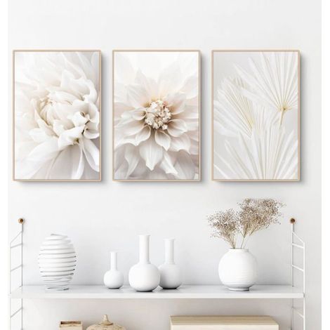 Affiche Fleur - Rose Blanche Sur Toile - Décoration Murale Moderne Sans Cadre - Lot De 3 - 30x40 cm (1/4)