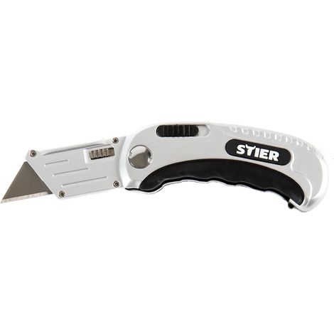STIER Klappmesser, Cuttermesser, Arbeitsmesser, wechselbare Trapezklinge, ergonomischer Komfortgriff, Einklappmechanismus, Kleines Format, Geringes Gewicht, Einfaches Klingenwechseln (1/5)