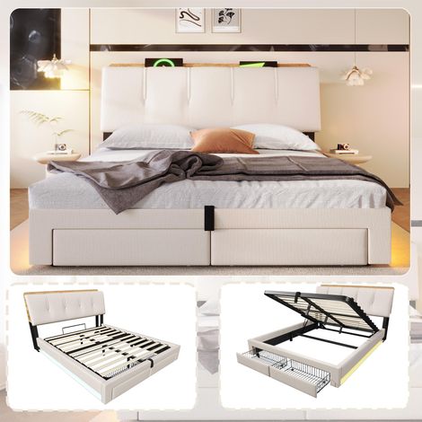 Lit capitonné, 140x200cm, suspension hydraulique, avec port USB Type-C, sans matelas, rangement multifonctionnel, éclairage LED, commande par bouton-poussoir/application, lin, beige, garantie 2 ans (1/5)