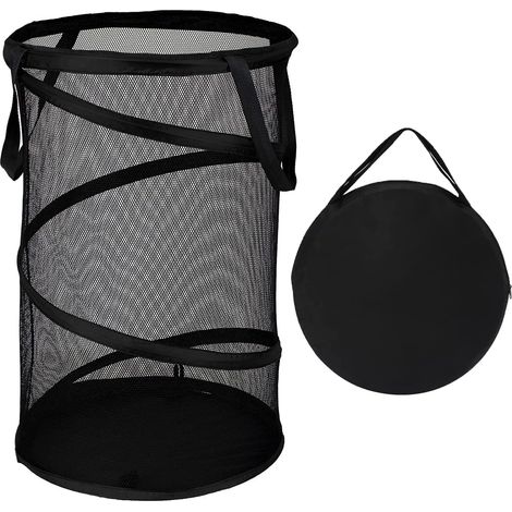 Panier à lessive pliable – Corbeille à linge en maille pliable avec poignées, organisateur de rangement pour buanderie, salle de bain, chambre d'enfant, chambre universitaire, voyage, couleur noire (1/5)