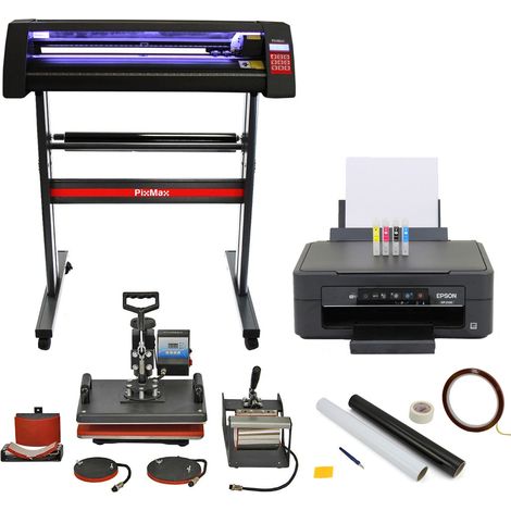 Prensa Térmica 5 en 1, Cortador Vinilo LED, Impresora e Accesorios de Sublimación (Cartuchos, Rollo Cinta Térmica, Hojas de Sublimación, Cuchilla, Limpiacristales y Cinta Aplicación) Prensa Calor