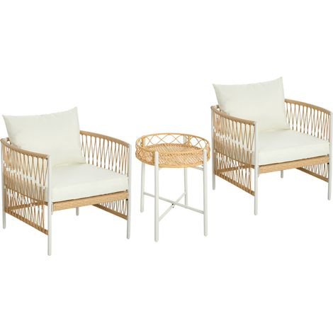 Set Tavolino e 2 Poltroncine con Cuscini da Giardino in Rattan PE Acciaio e Poliestere Giallo