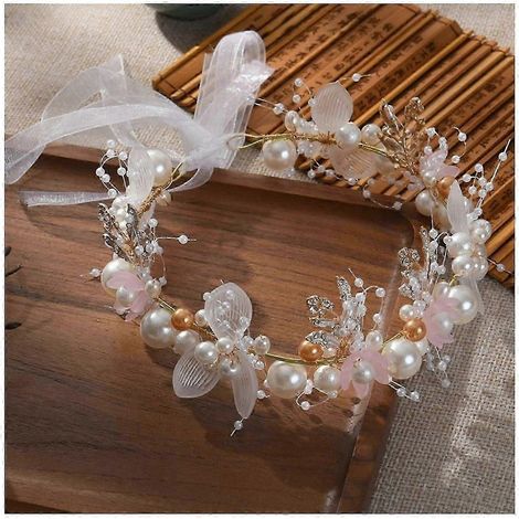 Bandeau pour enfant avec guirlande, fermeture à ruban, décoration de fleurs artificielles et de fausses perles, style princesse.-Pink