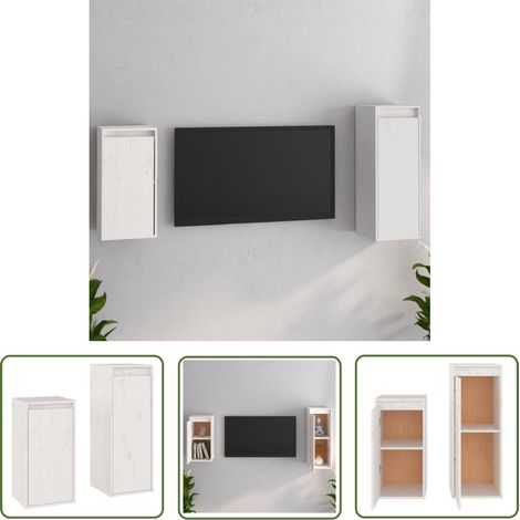 The Living Store Meubles TV 2 pcs Blanc Bois massif de pin - Meuble Tv - Meuble Suspendu - Rangement Mural - Bibliothèque Murale - Décoration Murale (1/5)