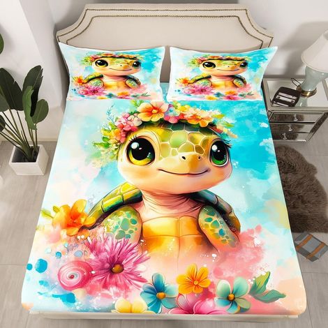 Drap Housse 90x190 Enfant Tortue de Mer Aquarelle, Drap-Housse Imprimé Floral Coloré, Drap de Lit Tortue Kawaii, Housse de Matelas Thème Océan sous-Marin avec 1 Taie d'oreiller 51x75cm (1/5)