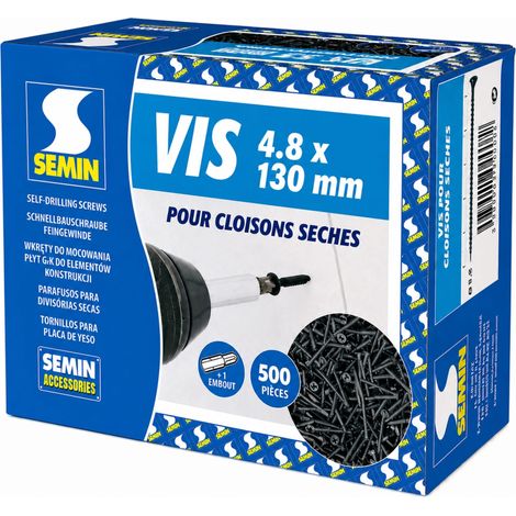 SEMIN Vis Plaque de Plâtre 4,8 x 130 mm - Vis TTPC Auto-Perceuses Tête Trompette Pointe Clou - Double Filet Acier Phosphaté - Fixation Plaques de Plâtre sur Ossature Métallique - Boîte 500 Vis (1/5)