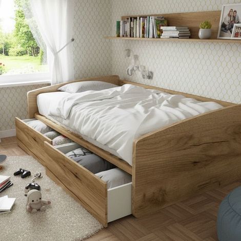 Divano letto singolo 120x190 con cassetti - Ideale per camerette - Quercia