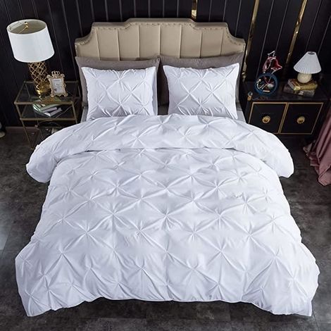 Housse de Couette, 220240cm Pintuck Grey Housse de Couette Fermeture à glissière Microfibre + 2 taies d'oreiller 5075cm -Blanc (1/4)