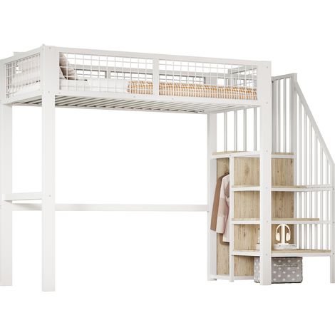Cama alta 90 x 200 cm de metal blanco con escalera y almacenaje (1/5)
