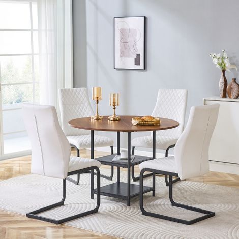 Ensemble table et chaises : table de salle à manger ronde de 107 cm avec double niveau de rangement + 4 chaises de salle à manger blanches à motif losange, en MDF (panneau de fibres de moyenne densité