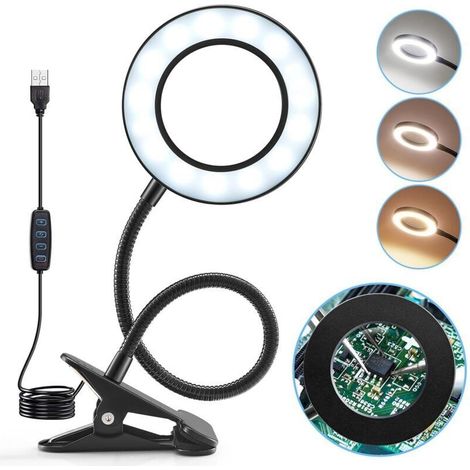 Lntyq 5X Lampe Loupe, 360° Flexible Lampe Loupe de Lecture, 3 Couleurs 10 Luminosité Lampe de Bureau LED, Dimmable Lampe Pince USB Lampe Loupe sur Pied,Lampe Bureau LED Portable Pliable Loupe Bijoutie