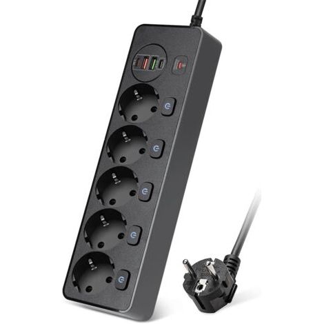 Rallonge électrique multi-têtes avec 4 prises USB à chargement rapide (noir) (1/5)