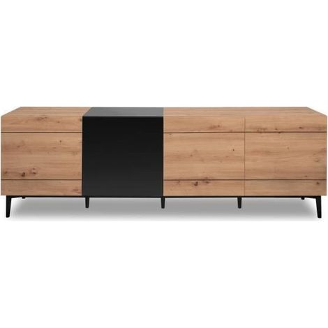 Les Tendances – Buffet bas 4 portes en chêne clair 200 cm – Design industriel – 8 niches intérieures – Piètement noir en plastique (1/10)