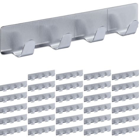 Relaxdays Hooks Strips, Set of 30, 4 Each, Self-Adhesive, Matt Stainless Steel, for Kitchen & Bathroom, 16 cm, Silver