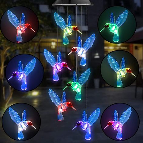 Carillon lumineux solaire d'extérieur en forme d'oiseau à flamme, lampe de cour à dégradé sept couleurs, suspension décorative, coquillage noir, petit oiseau bleu. (1/5)