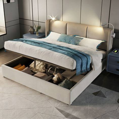 Lit coffre 160x200, lit 160x200 avec sommier, lit adulte, lit double, lit rembourré, tête de lit avec liseuse, port USB, rangement hydraulique, tissu lin, beige (1/5)
