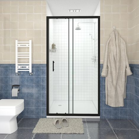 NRG Sliding Shower Door Enclosure Walk In Glass Screen Panel Matte Black Framed 1000 x 1900mm (1/5)