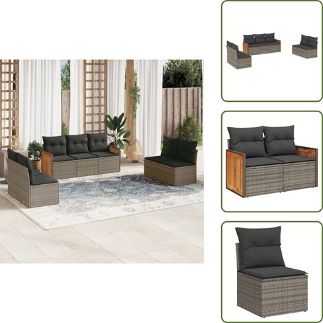 The Living Store 7-tlg. Garten-Sofagarnitur mit Kissen Grau Poly Rattan - Gartenmöbel - Rattan Möbel - Lounge Set - Gartenlounge - Esszimmergarnitur (1/5)