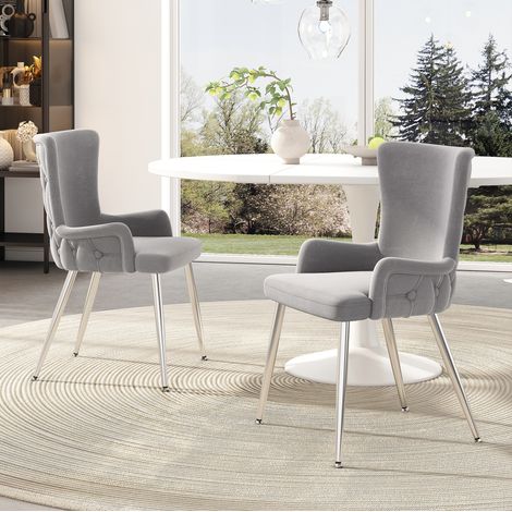 Sedia da sala da pranzo in velluto, set da 2, grigia, gambe in metallo argentato HAVRYA (1/5)