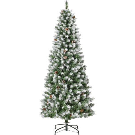 Sapin de Noël enneigé 180 cm 630 branches 37 pommes de pin plastique métal vert blanc