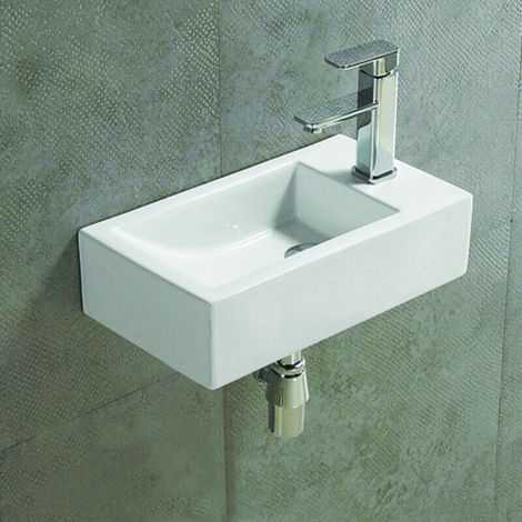 Rue Du Bain – Lave main suspendu céramique blanc 46x26 cm – Plage de robinetterie à droite – Vasque sans trop plein – Entretien facile (1/2)