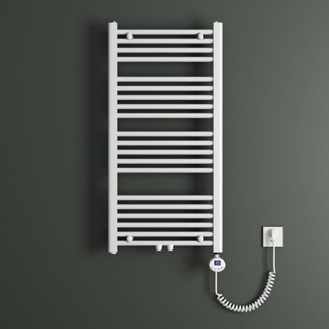 Mai & Mai Badheizkörper Handtuchheizkörper Badheizung Heizkörper bad 60x100 cm Weiß, Handtuchwärmer für Strom, Seitenanschluss, Röhrenheizkörper mit Heizstab 600W