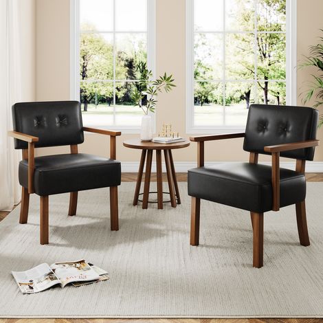 Fauteuil d'accent mid-century bois, cuir PU noir à rayures verticales (1/5)