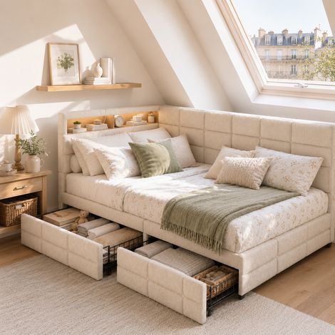 Canapé-lit adulte 90 x 200 cm avec Sommier - Lit coffre avec 2 tiroirs pour simple - Ports USB et Type-C - Bande lumineuse LED - Lin beige - Salon/chambre