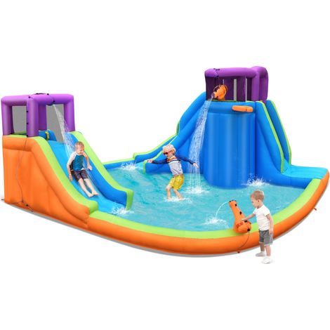 Parque acuático inflable 458 x 439 x 236 cm con 4 aspersores y 2 pistolas de agua diseño colorido en tela oxford azul violeta verde y naranja 200013056