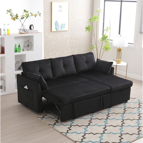 Divano da 3 posti, divano in velluto nero con chaise longue reversibile e sedute con vano portaoggetti (1/5)