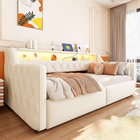 Sofá cama 90x200 cm con somier de láminas y almacenamiento hidráulico - cama nido tapizada led usb y tipo-c cabecero con estante tela lino - beige (1/5)