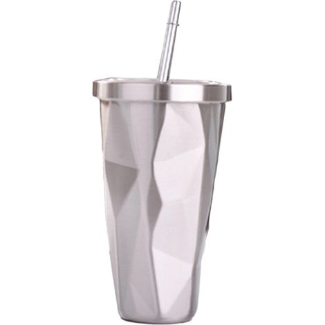Taza de viaje de acero inoxidable de doble pared con aislamiento térmico, capacidad de 500 ml (17 oz), tapa a prueba de salpicaduras y pajita, color plateado. (1/5)