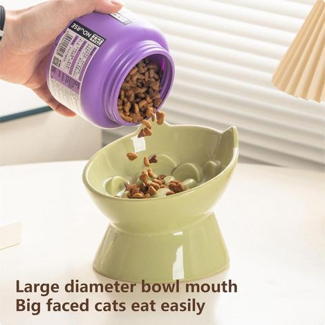 Green Ceramic Slow Feeding Cat Bowl,Healthy Diet Anti-choke Pet Food Bowl