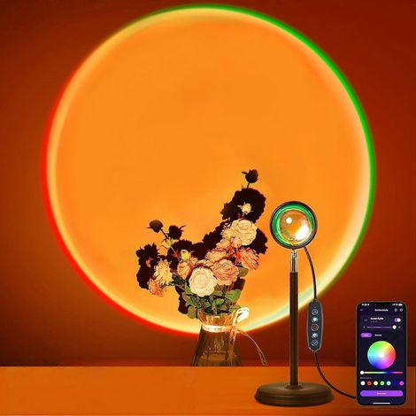 Projecteur de lampe coucher de soleil multicolore à LED, bouton marche/arrêt et contrôle par application, rotation à 360°, lumière d'ambiance romantique ( )