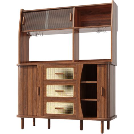 Credenza buffet con ante scorrevoli in vetro e effetto rattan, 140 cm, noce (1/5)