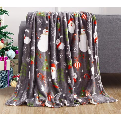 Manta navideña de terciopelo de 127 × 152 cm, diseño gris de Papá Noel/muñeco de nieve. (1/5)