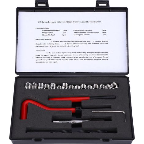 Kit de réparation de filetage M8x1, ensemble de robinets de refiletage en acier inoxydable pour manchon d'insertion de réparation femelle 20 pièces