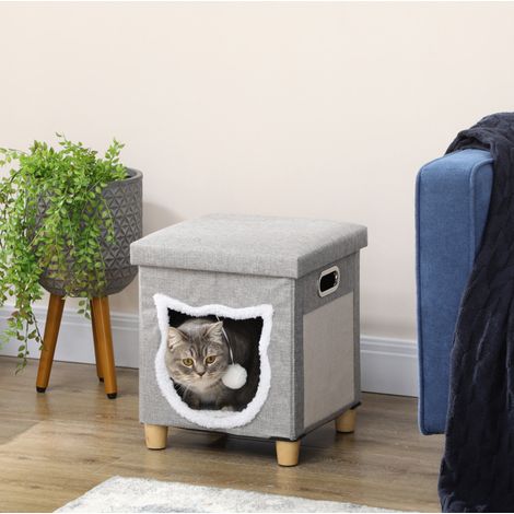 Nicho para gato tipo ottomana con cojín, rascador y pelota, antideslizante, gris HAVRYA (1/4)