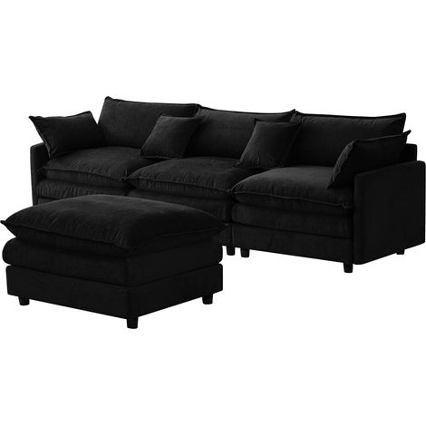 Modulares Ecksofa L-Form 3-Sitzer schwarz Chenille mit Chaiselongue und Hocker MODENUIT (1/5)