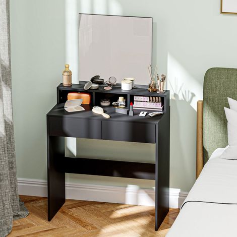 Tavolo da trucco con specchio, 2 cassetti, 3 scomparti, tavolo da toeletta per camera da letto, 75x38x135 cm, nero