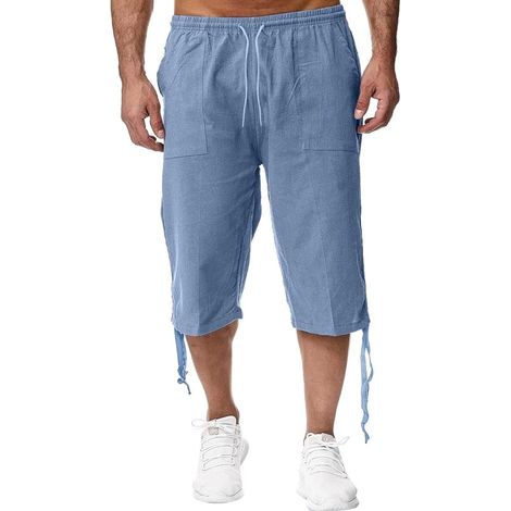 Short en lin pour homme, pantacourt léger et ample, taille élastique avec cordon, décontracté, parfait pour la plage, 3/4 confortable, style décontracté. (1/5)