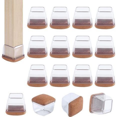 Chair Leg Protectors, 12-20mm Square Silicone Chair Pads with Thickened Felt, 16 Pieces Transparent Chair Pads, Floor Protectors, Reduce Scratches (1/5)