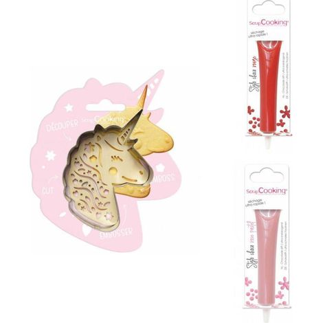 Kit pour biscuit en relief Licorne + 2 Stylos au chocolat rouge et rose pastel