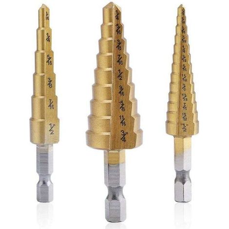 Jeu de trois forets à fraiser en acier rapide revêtus de titane, adaptés au perçage et à la découpe de tôles, disponibles en différentes tailles, idéaux pour les bricoleurs. (1/4)