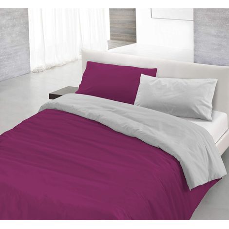 Italian Bed Linen Natural Color Parure Copripiumino con Sacco e Federe, 100% Cotone, Fuxia/Grigio, Matrimoniale (1/4)
