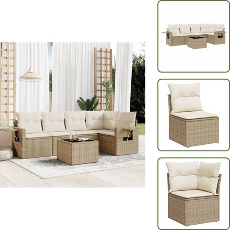 6-tlg. Garten-Sofagarnitur mit Kissen Beige Poly Rattan - Gartenmöbel Set - Esszimmergarnitur - Outdoor Möbel - Rattan Gartenmöbel - Lounge Garnitur (1/5)