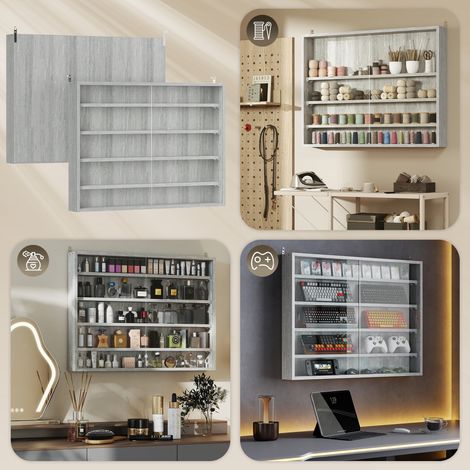 Vitrine de Présentation en Bois Gris avec 4 Niveaux Réglables, Portes en Verre, 80x9.5x60 cm, Meuble à Collection (1/5)