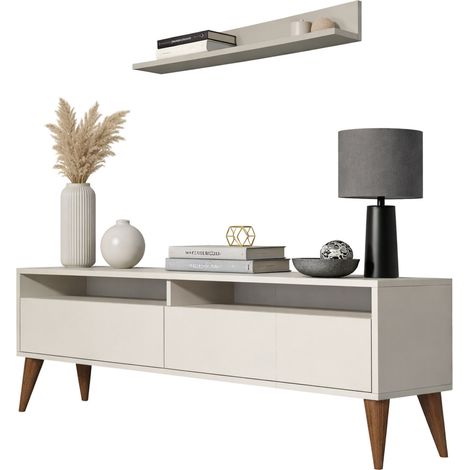 Mobile Porta tv Maglie, 3 Ripiani, Apertura a Ribalta, 2 Ante, 150x30x50h cm Bianco Crema
