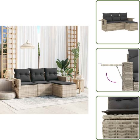 vidaXL 4-tlg. Garten-Sofagarnitur mit Kissen Hellgrau Poly Rattan (1/5)